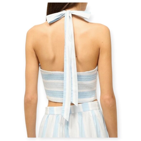 Staud Kai Striped Cotton Halter Top L Cropped Smocked V-Neck Sleeveless NWOT - Picture 5 of 14